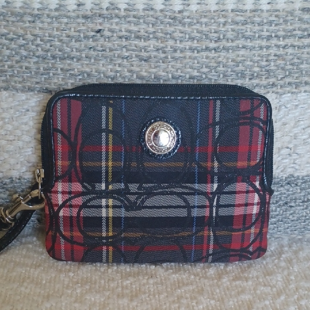 COACH Zip Around Wallet In Tartan Plain With Glitter Signature C
